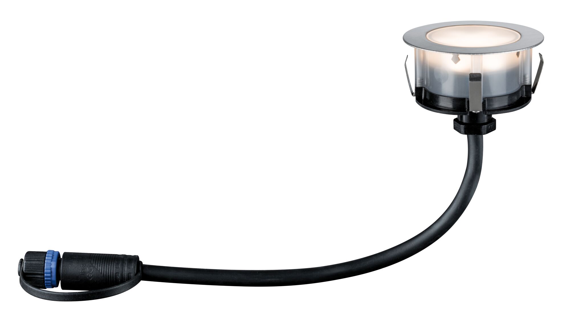 Round LED recessed light with stainless steel trim and black cable for outdoor lighting