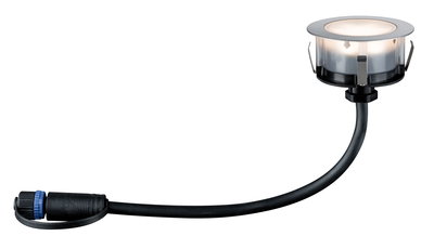 Round LED recessed light with stainless steel trim and black cable for outdoor lighting