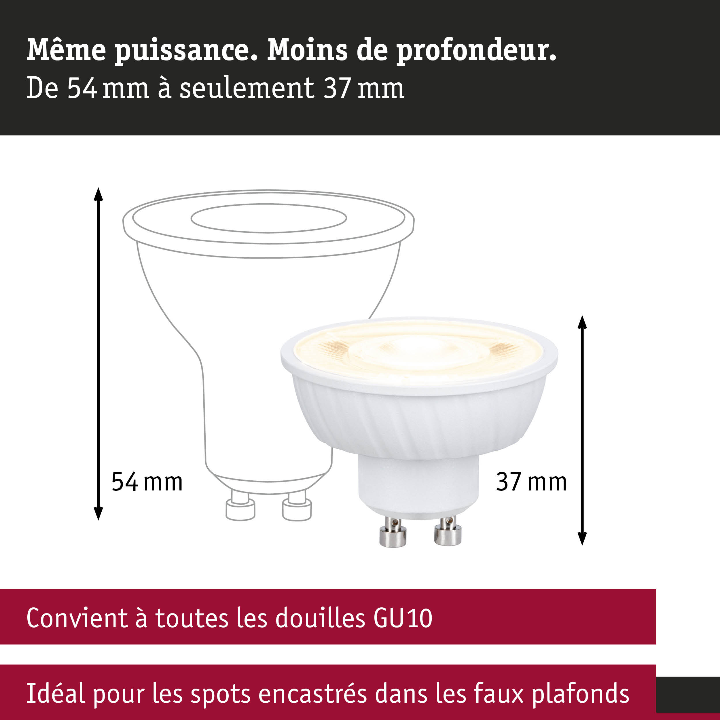 Comparaison de deux ampoules LED GU10 de 54 mm et 37 mm de hauteur pour spots encastrés peu profonds