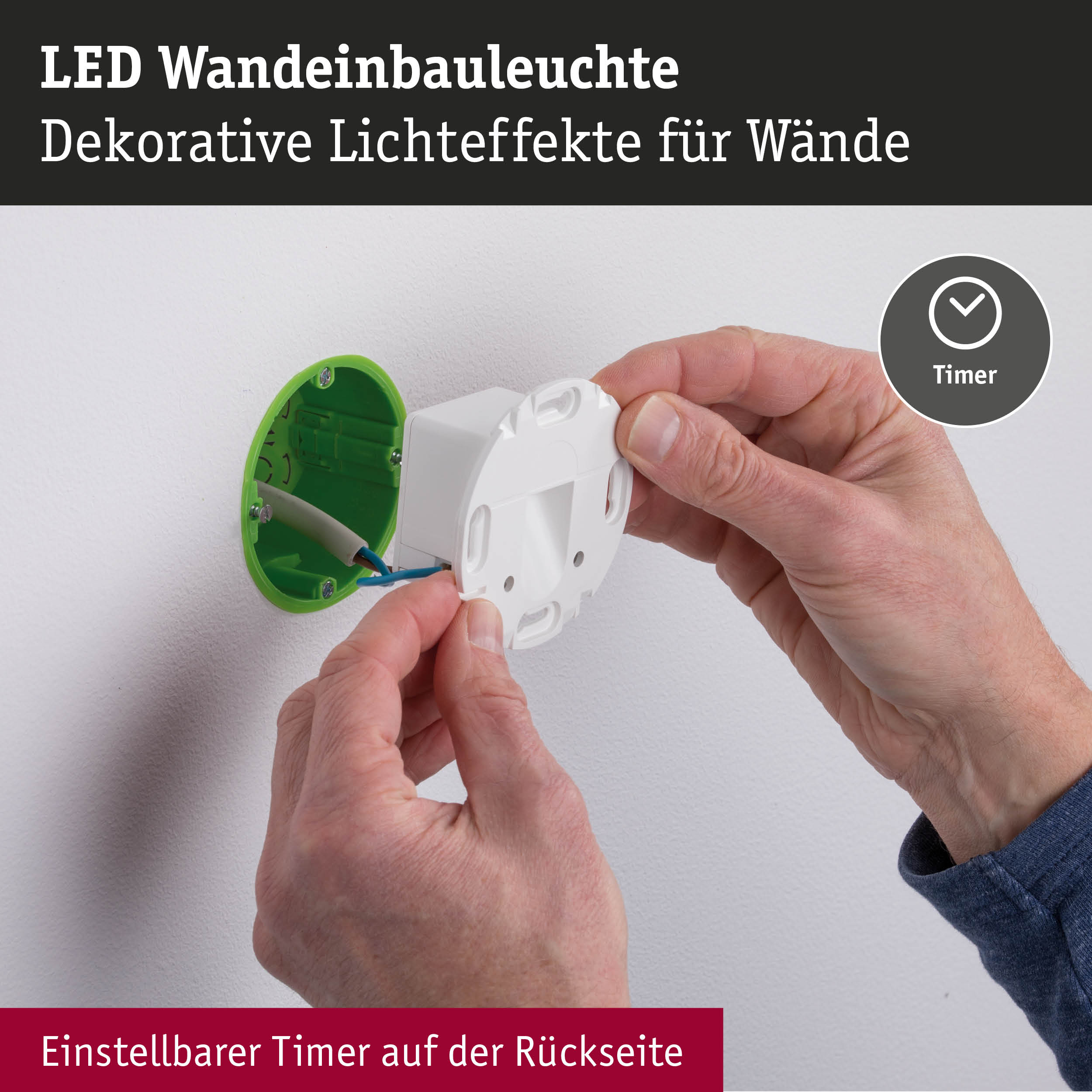 Installation einer weißen LED-Wandeinbauleuchte mit grünem Gehäuse und einstellbarem Timer