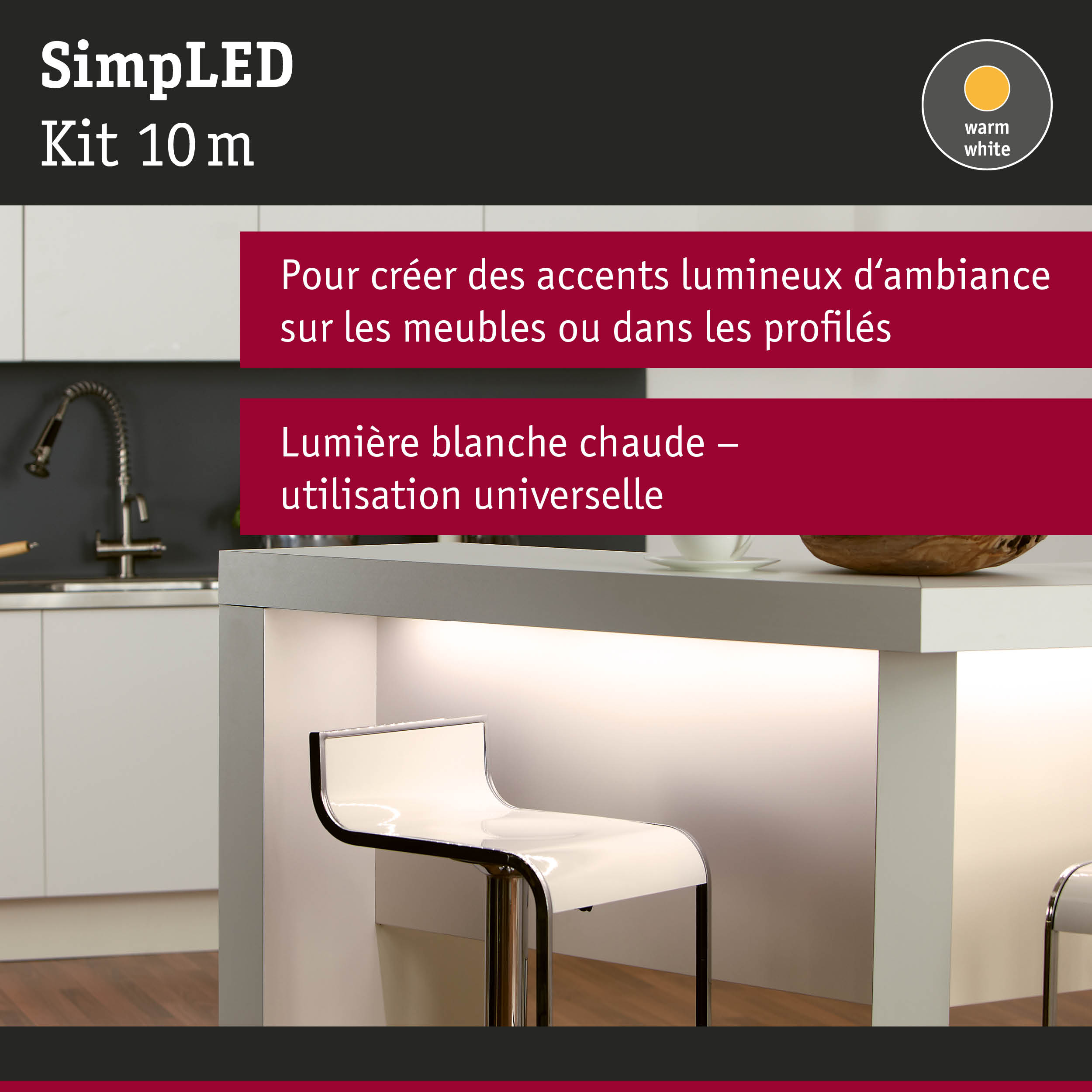 Kit SimLED 10 m lumière blanc chaud pour accents lumineux sur meubles et profilés en cuisine moderne