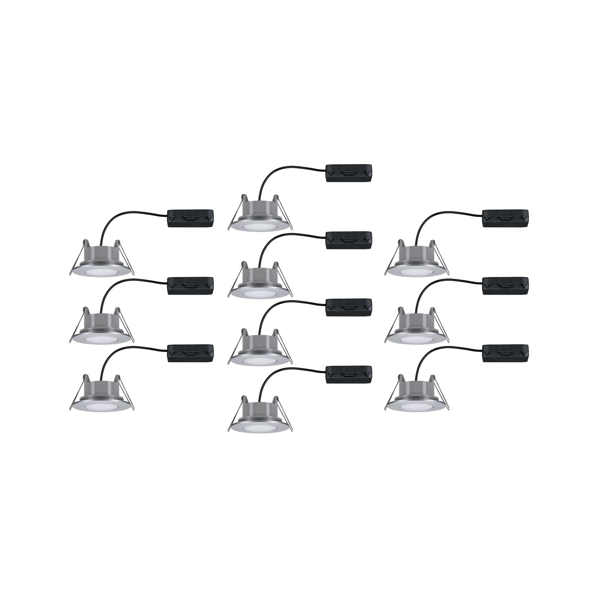 Tien zilveren LED-inbouwspots met zwarte kabels voor moderne binnenverlichting