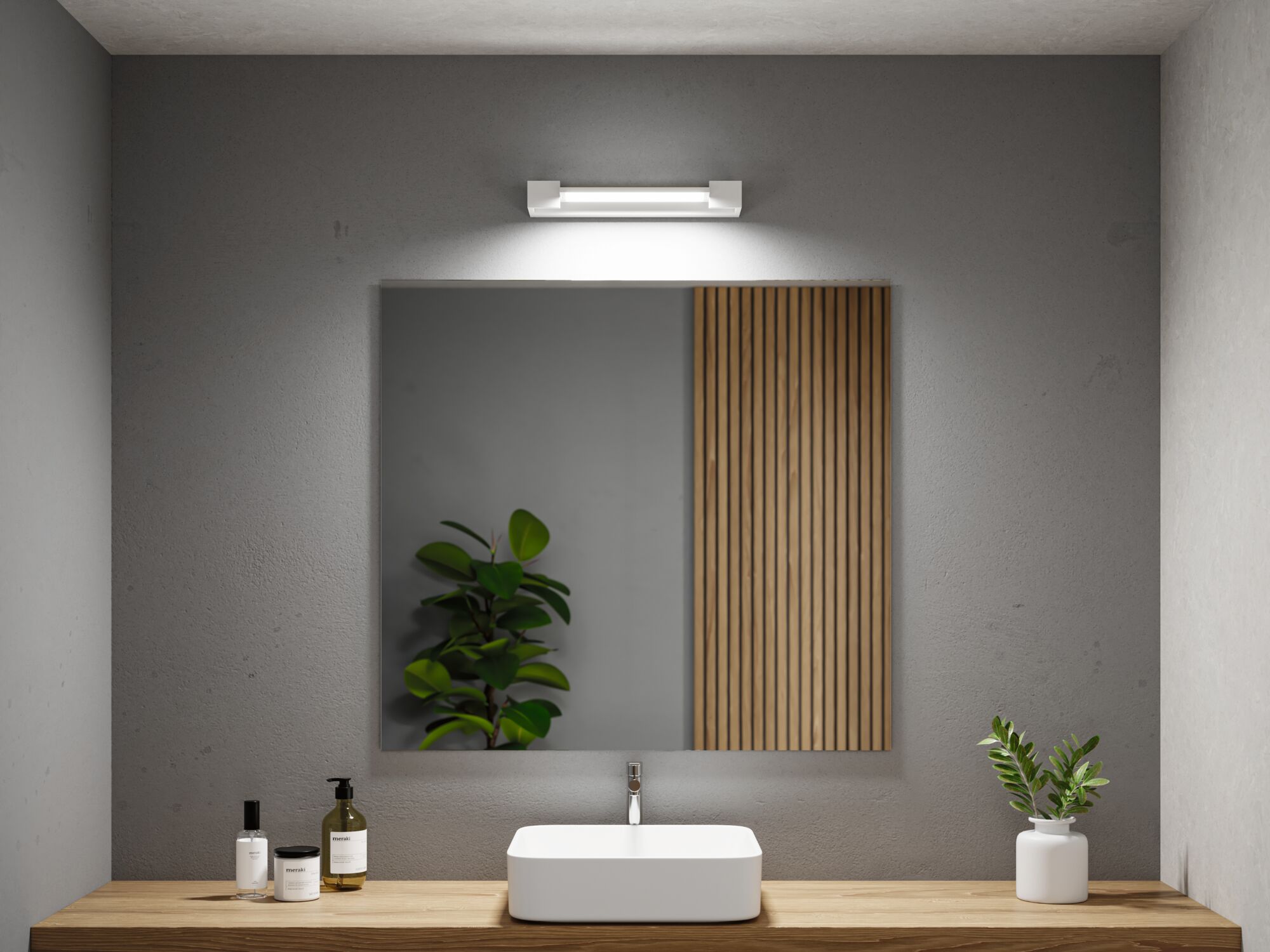 Modernes Badezimmer mit weißem Keramikwaschbecken, Holzarbeitsplatte und LED-Spiegelleuchte
