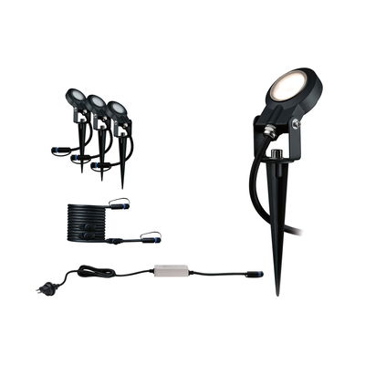 Ensemble de trois projecteurs LED de jardin noirs avec piquets et câble de connexion pour éclairage extérieur