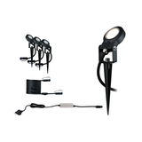 Set of three black LED garden spotlights with ground spikes and connection cable for outdoor lighting