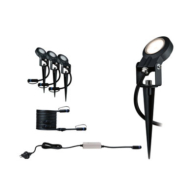 Ensemble de trois projecteurs LED de jardin noirs avec piquets et câble de connexion pour éclairage extérieur
