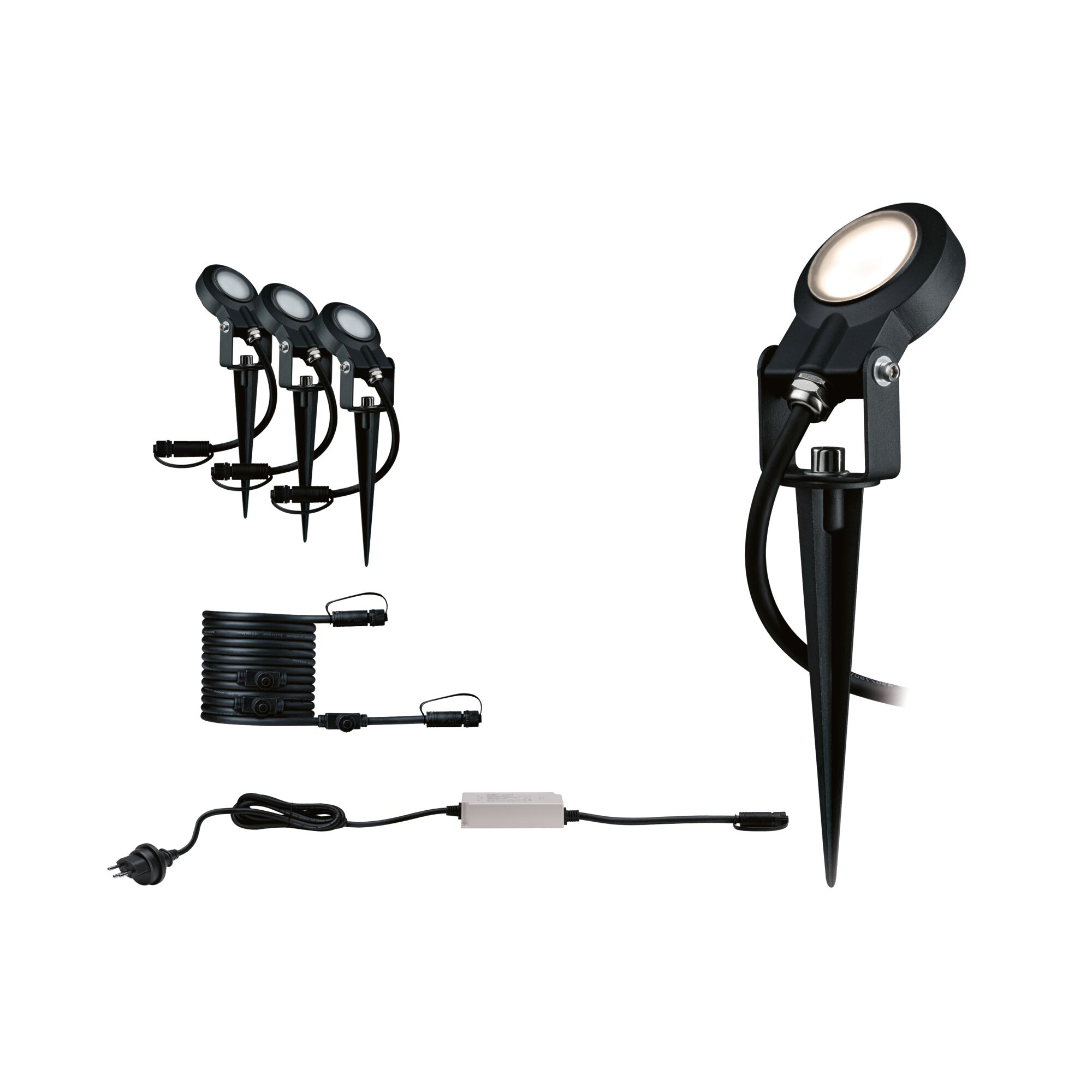 Set aus drei schwarzen LED-Gartenstrahlern mit Erdspießen und Anschlusskabel für Außenbeleuchtung