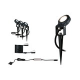 Set aus drei schwarzen LED-Gartenstrahlern mit Erdspießen und Anschlusskabel für Außenbeleuchtung