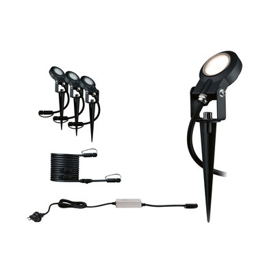 Set aus drei schwarzen LED-Gartenstrahlern mit Erdspießen und Anschlusskabel für Außenbeleuchtung