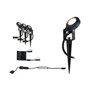 Set aus drei schwarzen LED-Gartenstrahlern mit Erdspießen und Anschlusskabel für Außenbeleuchtung