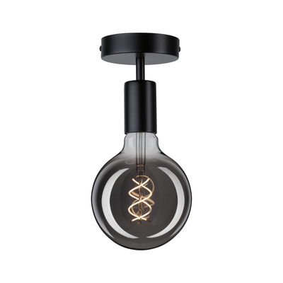 Deckenleuchte mit schwarzem Metallhalter und rundem Rauchglas mit dekorativem LED-Filament für Wohnräume