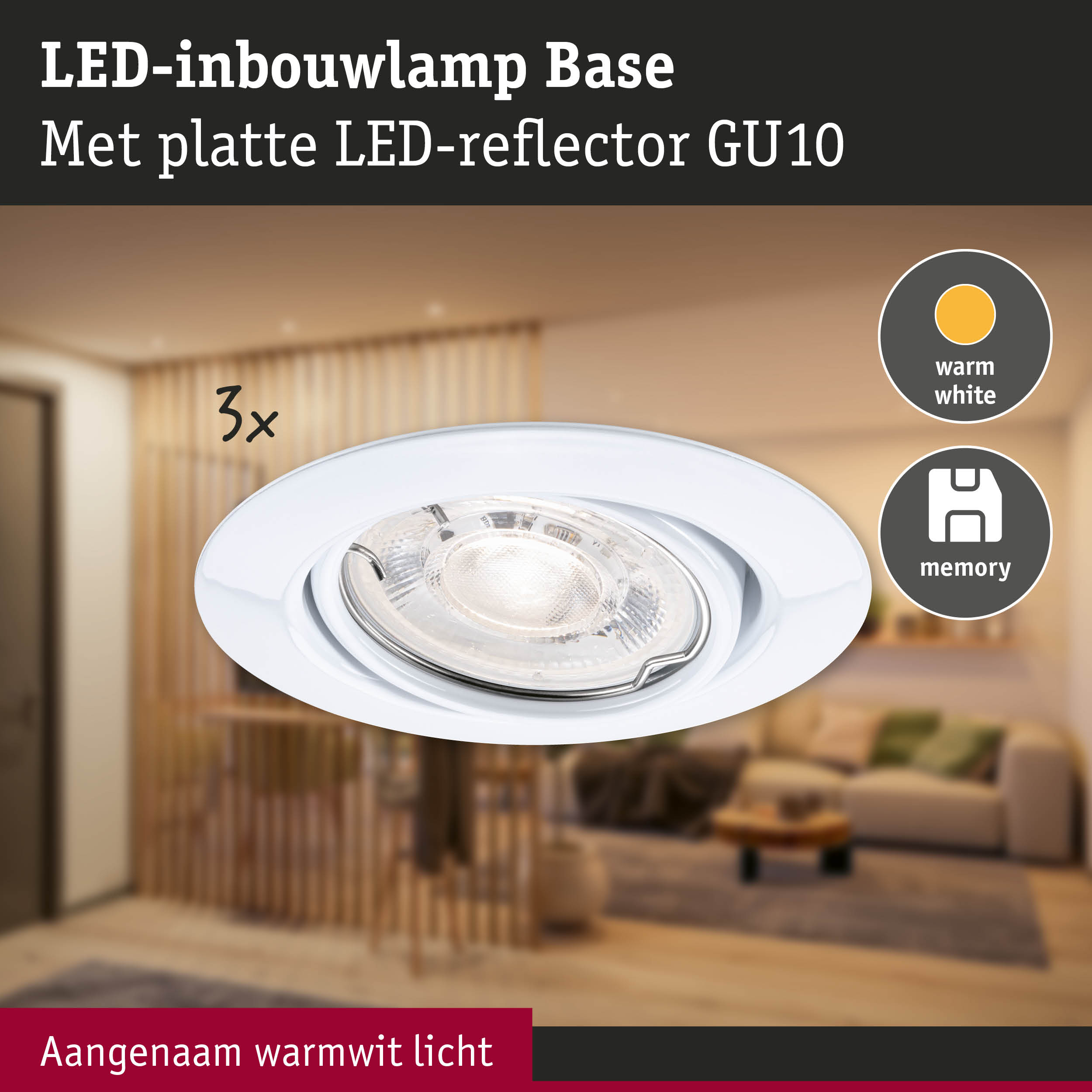 Witte LED-inbouwlamp Base met platte LED-reflector GU10 en warm wit licht voor woonruimtes