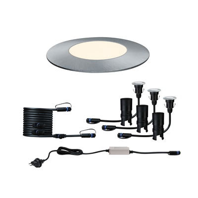 LED recessed spotlight set with silver aluminum frame and black cable for indoor lighting