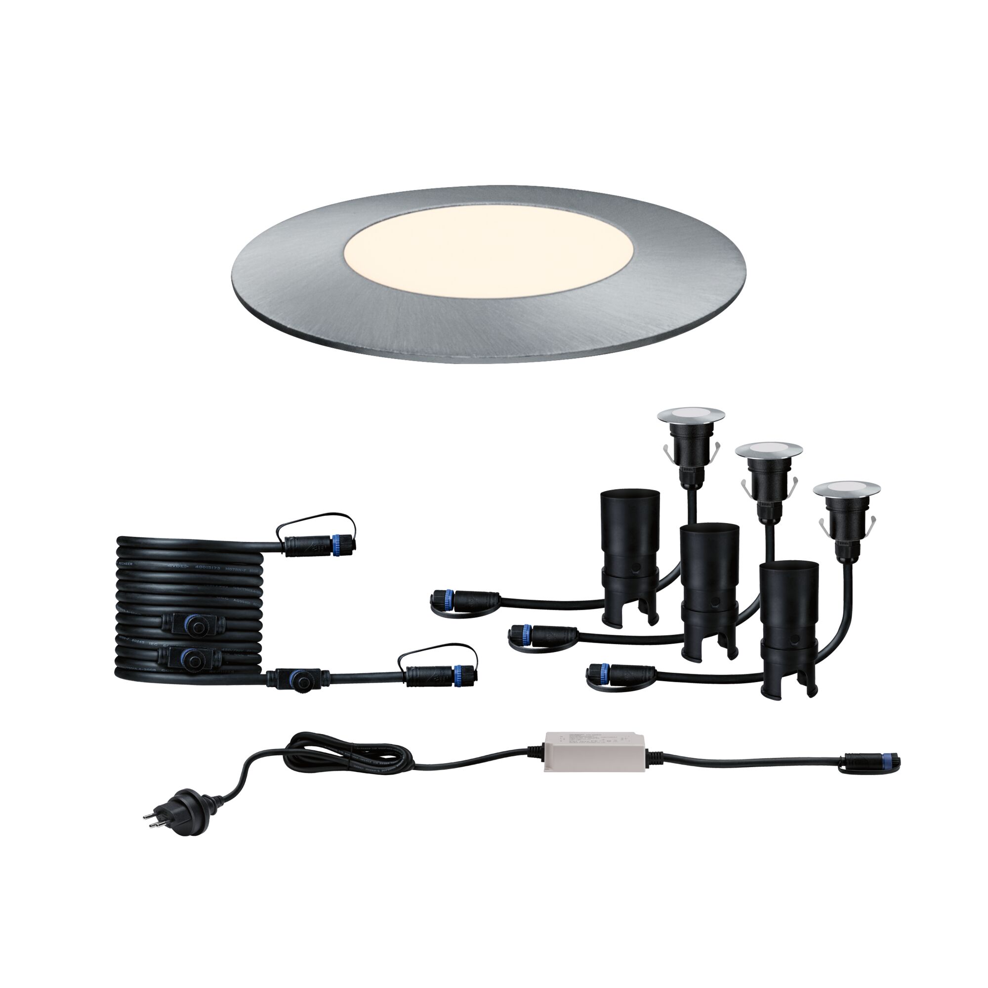 Plug & Shine Podłogowe światło wpuszczane LED Floor Mini EBL CH Zestaw podstawowy IP67 3000K 3x2,5W 30VA Srebrny LED recessed spotlight set with silver aluminum frame and black cable for indoor lighting
