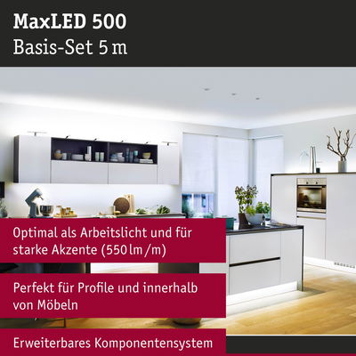 MaxLED 500 LED-Beleuchtungssystem 5 m für Möbel und Profile in moderner Küche mit weißem Design