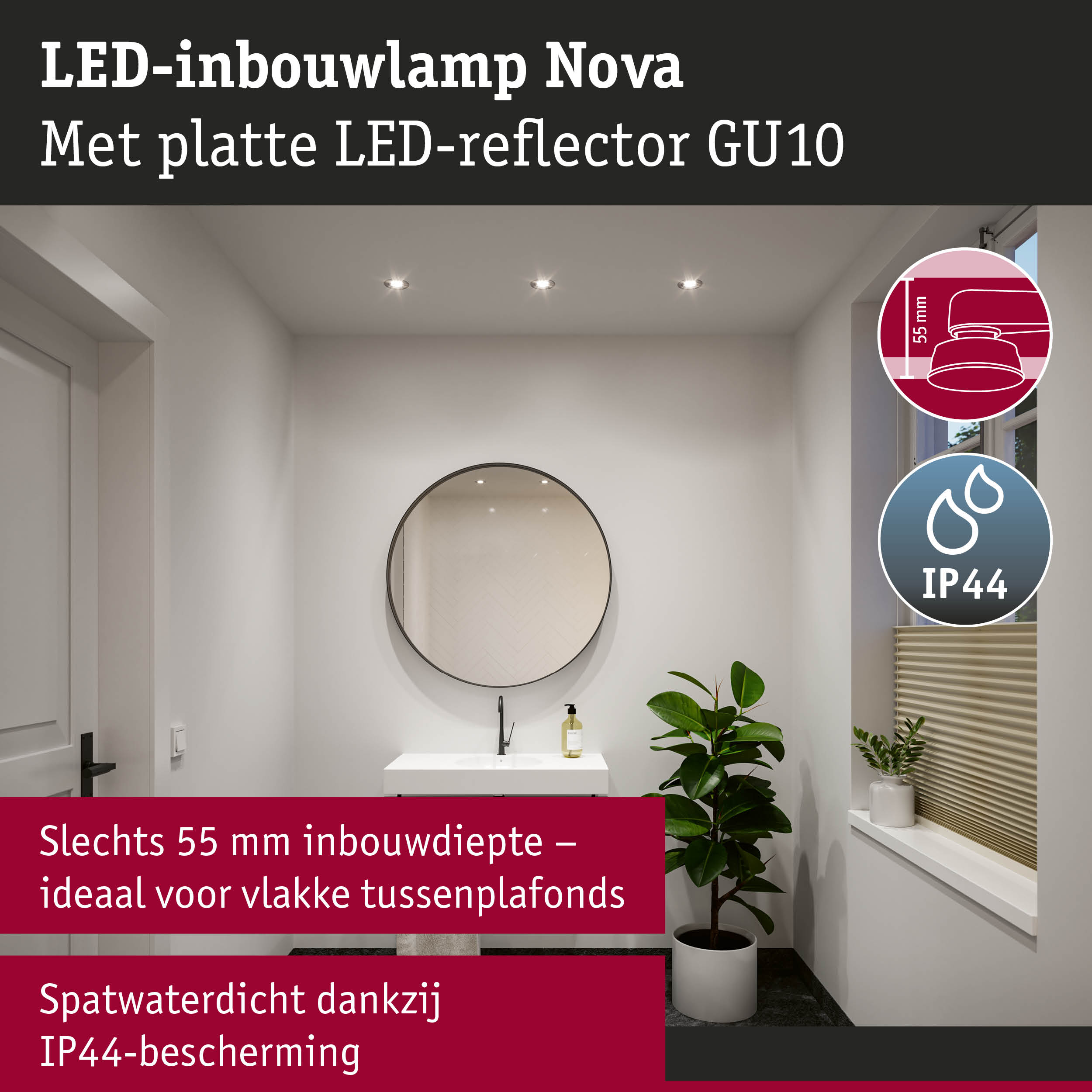 LED-inbouwlamp Nova met platte LED-reflector GU10, wit, ideaal voor vlakke plafonds, IP44 spatwaterdicht