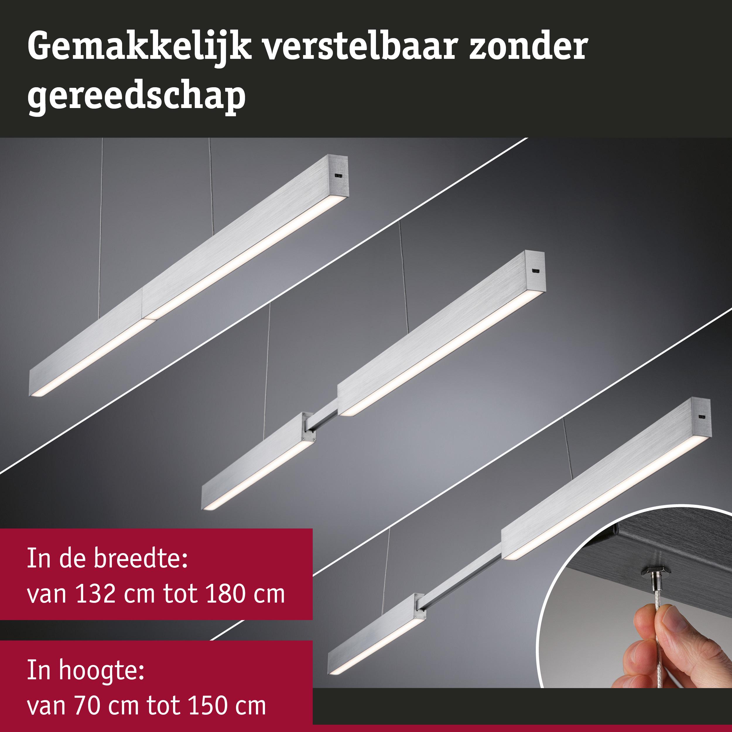 Verstelbare LED-hanglamp van geborsteld aluminium in zilver, breedte 132 tot 180 cm, hoogte 70 tot 150 cm