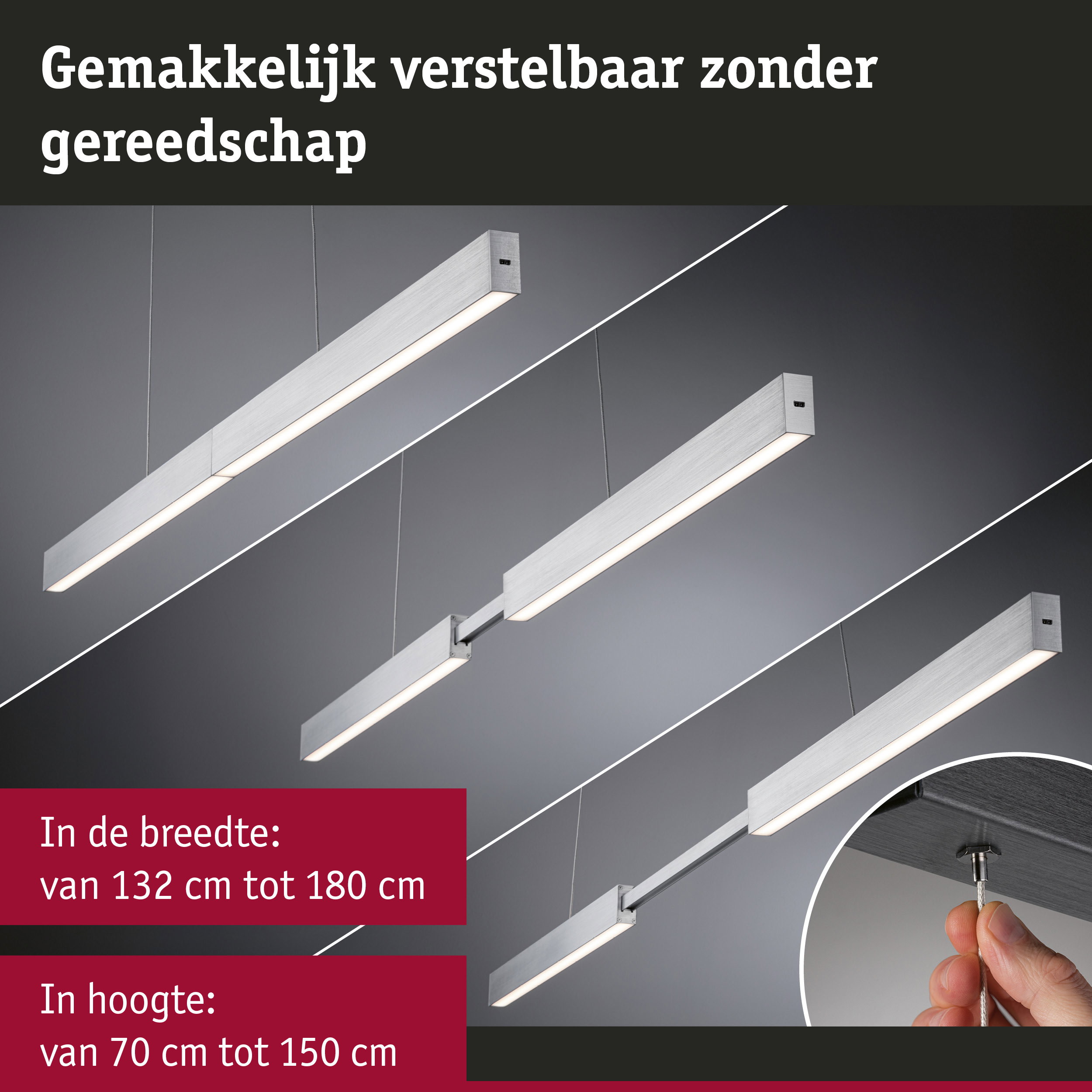 Verstelbare LED-hanglamp van geborsteld aluminium in zilver, eenvoudig te monteren zonder gereedschap