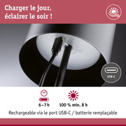 Gros plan sur un abat-jour noir avec port USB-C et batterie remplaçable pour éclairage