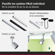 Système de rail modulaire URail en aluminium noir et blanc avec spot argenté pour éclairage