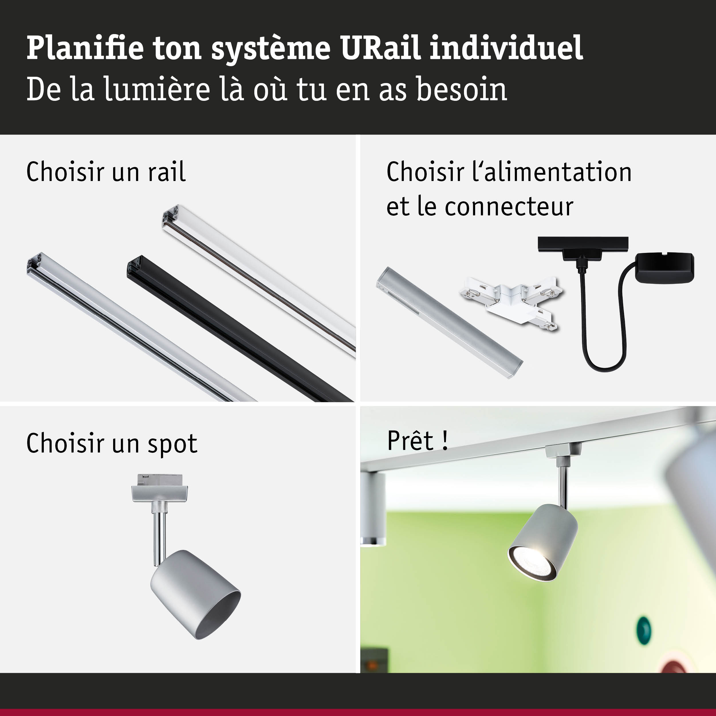 Système de rail modulaire URail en aluminium noir et blanc avec spot argenté pour éclairage
