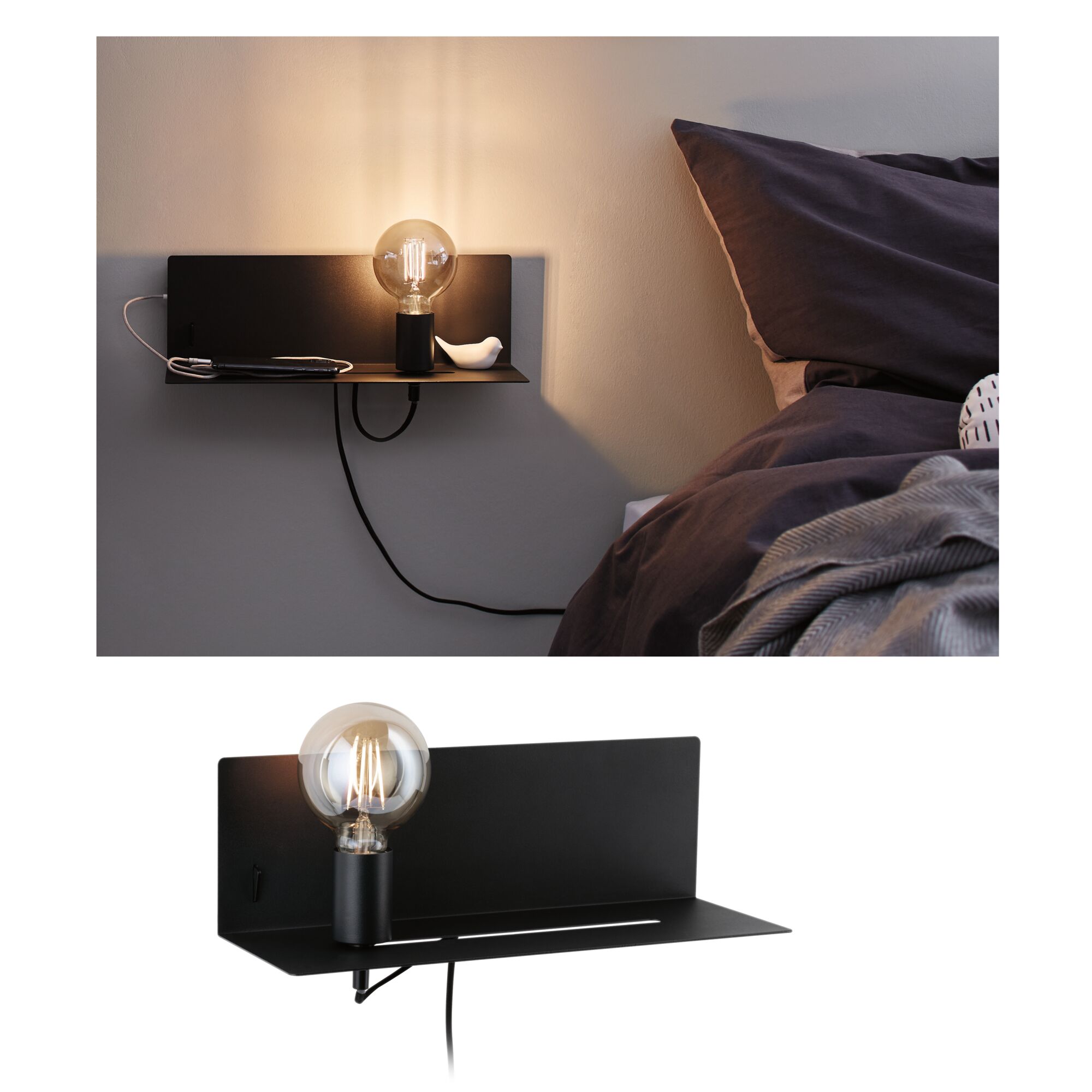 Wall light Devara USB C E27 230V max. 40W dimmable Black matt Black metal wall lamp with bulb and shelf, modern bedroom lighting with minimalist design.