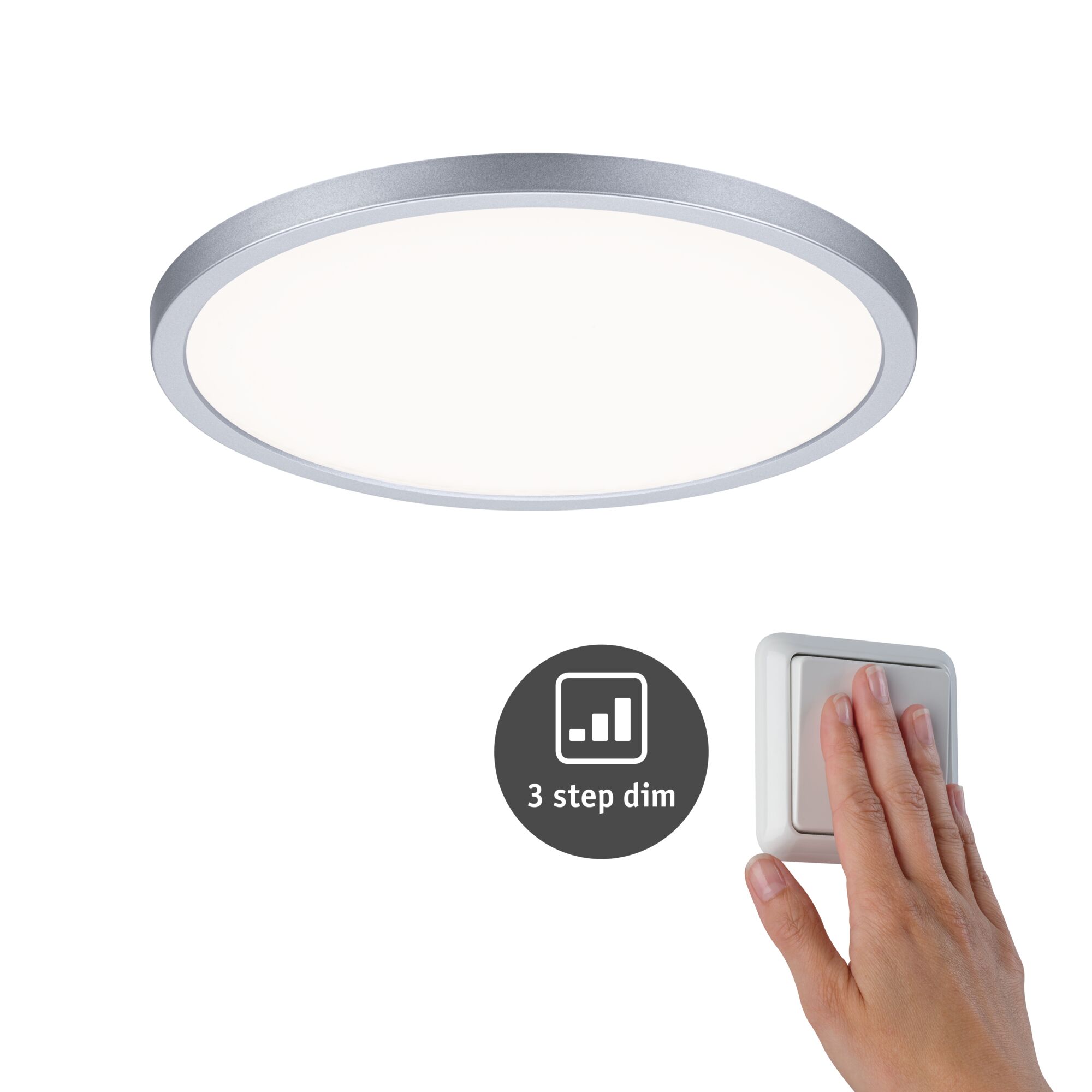 Rundes LED-Deckenlicht mit silbernem Aluminiumrahmen und 3-Stufen-Dimmfunktion per Wandschalter