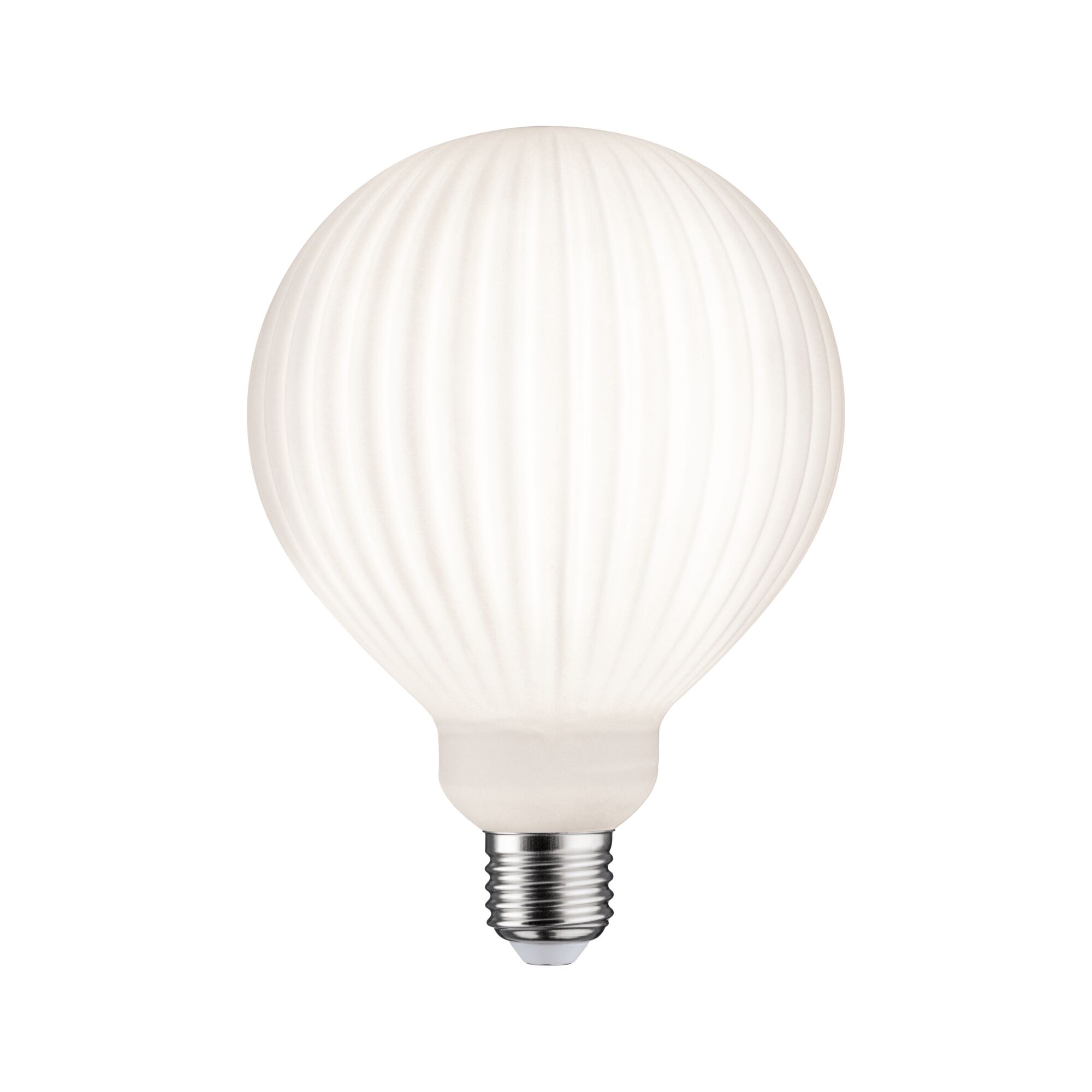 White LED bulb with ribbed surface and E27 base for energy-efficient lighting