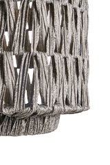 Close-up of grey woven textile lampshade with open pattern for ambient home lighting