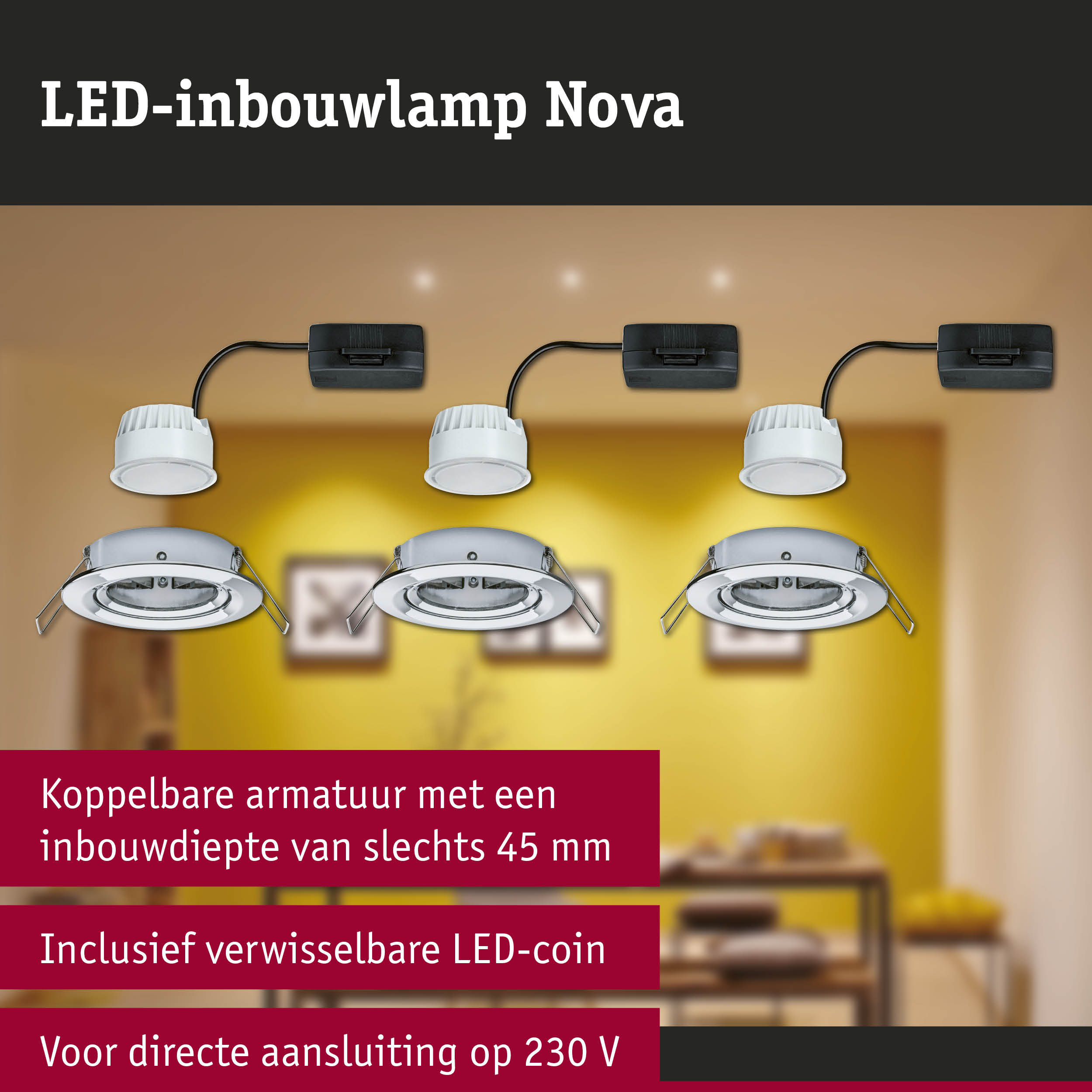 Witte LED-inbouwlamp Nova met zwarte kabel, energiezuinige plafondverlichting