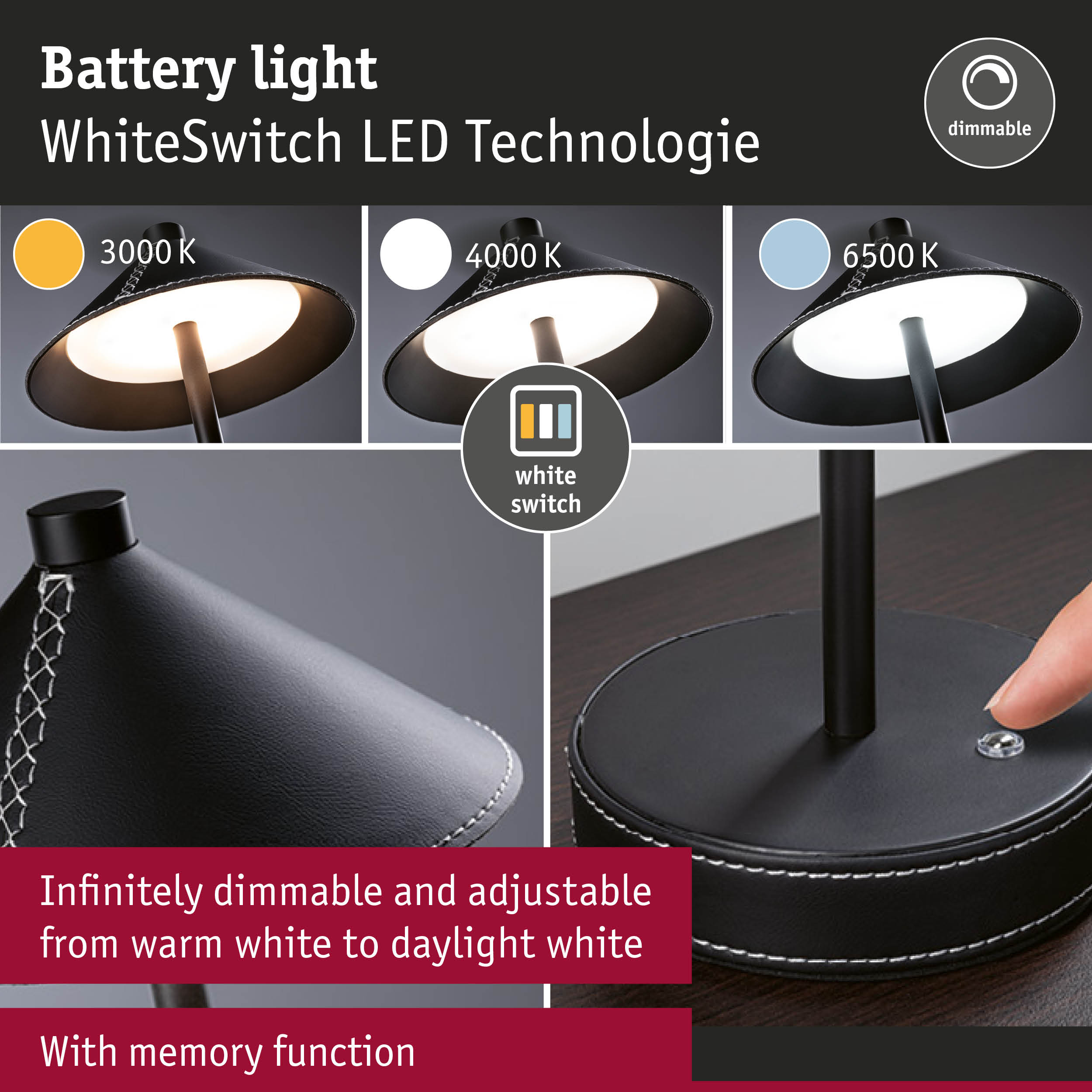 Black LED table lamp with dimmable WhiteSwitch technology and adjustable color temperature from 3000K to 6500K