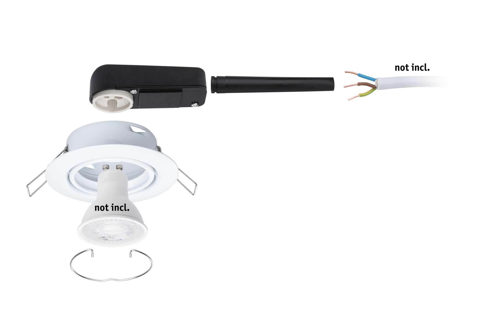 White metal recessed spotlight with black connection cable and exposed wire ends without bulb.