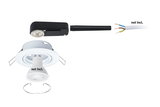 White metal recessed spotlight with black connection cable and exposed wire ends without bulb.