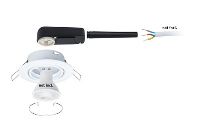 White metal recessed spotlight with black connection cable and exposed wire ends without bulb.