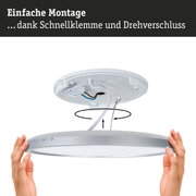 Runde weiße LED-Deckenleuchte mit silbernem Rand und einfacher Montage dank Schnellklemme