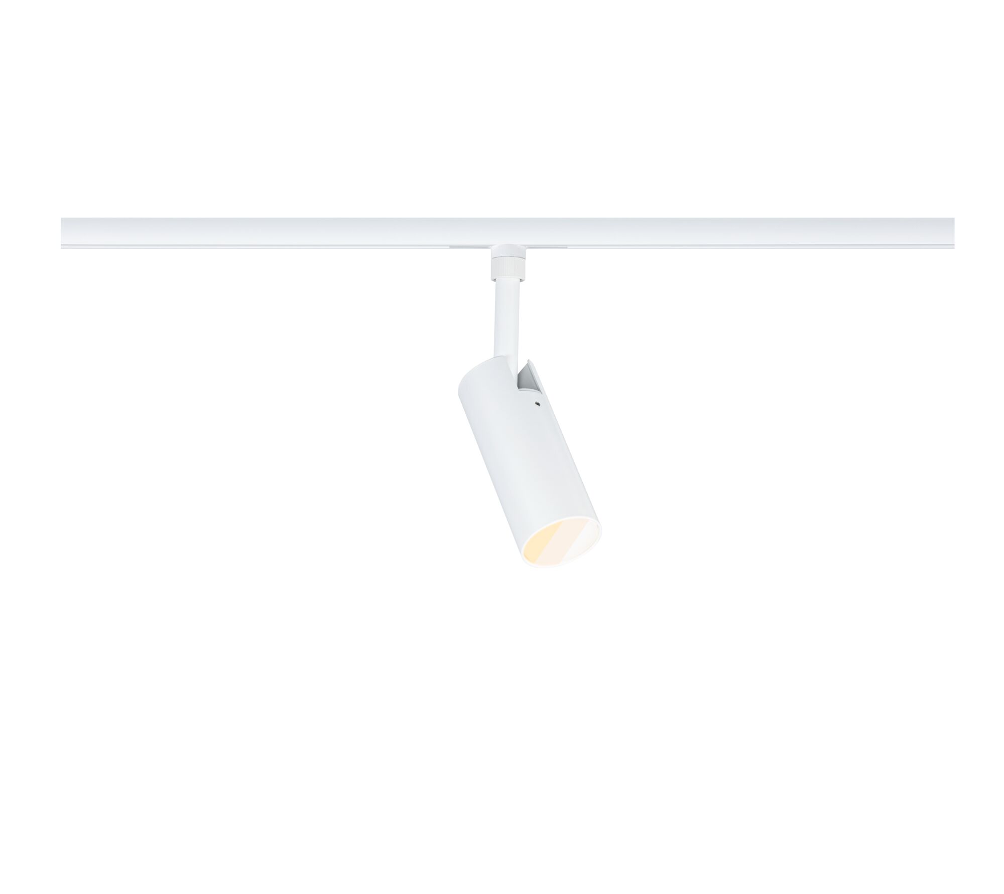 Moderner weißer LED-Strahler aus Metall an Schienensystem für flexible Beleuchtung