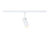 Moderner weißer LED-Strahler aus Metall an Schienensystem für flexible Beleuchtung