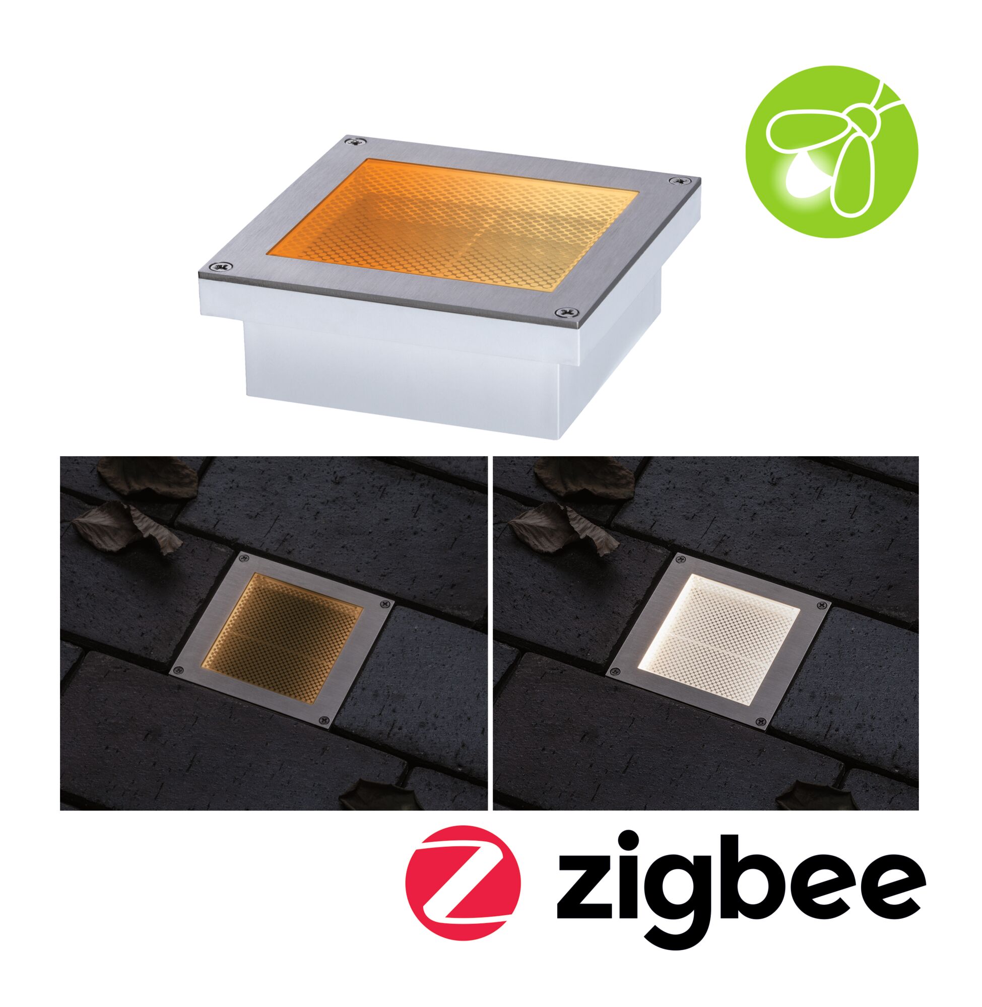 Encastré de sol LED Smart Home Zigbee 3.0 Brick favorable aux insectes IP67 carré 100x100mm Tunable Warm 1W 18lm 230V Acier inoxydable Acier inoxydable Spot encastré carré en acier inoxydable avec lumière blanc chaud et blanc froid pour extérieur, compatible Zigbee