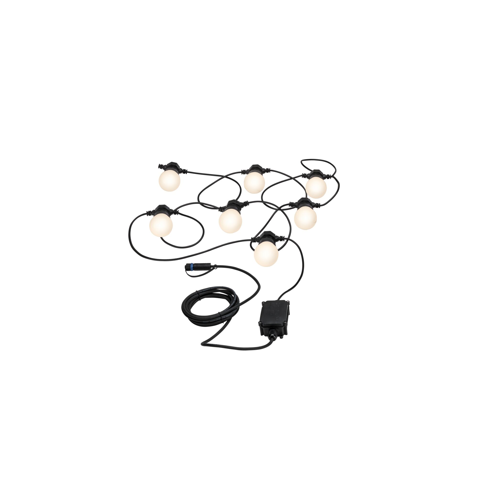 String lights with eight white bulbs and black cable for decorative outdoor lighting