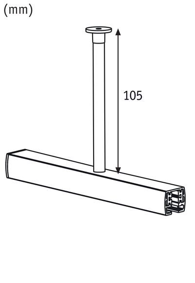 Technical drawing of a white ceiling light with 105 mm rod length, modern LED fixture.