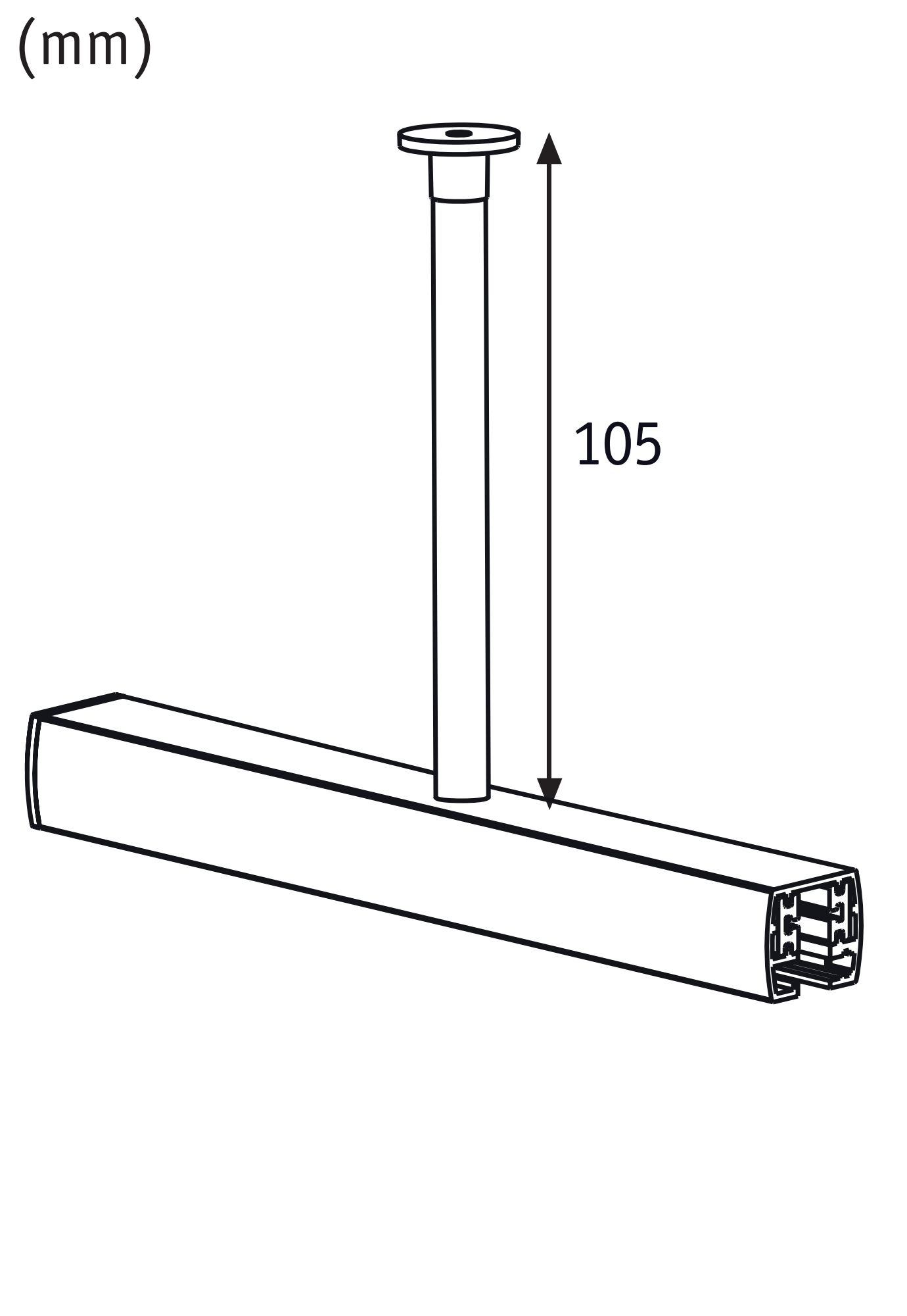 Technische Zeichnung einer weißen Deckenleuchte mit 105 mm Stablänge, moderner LED-Leuchte.