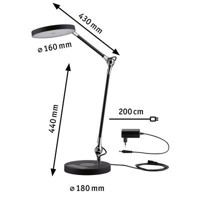 Black LED desk lamp with adjustable arm and round base, dimensions and power adapter shown