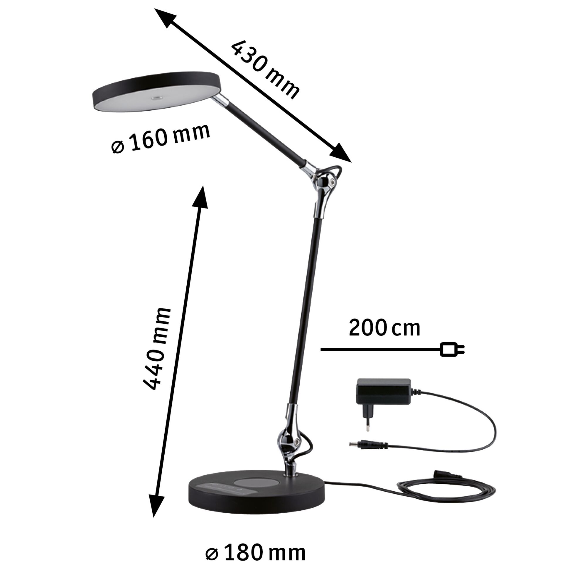 Schwarze LED-Tischlampe mit verstellbarem Arm und runder Basis, Maße und Netzteil sichtbar
