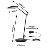 Schwarze LED-Tischlampe mit verstellbarem Arm und runder Basis, Maße und Netzteil sichtbar