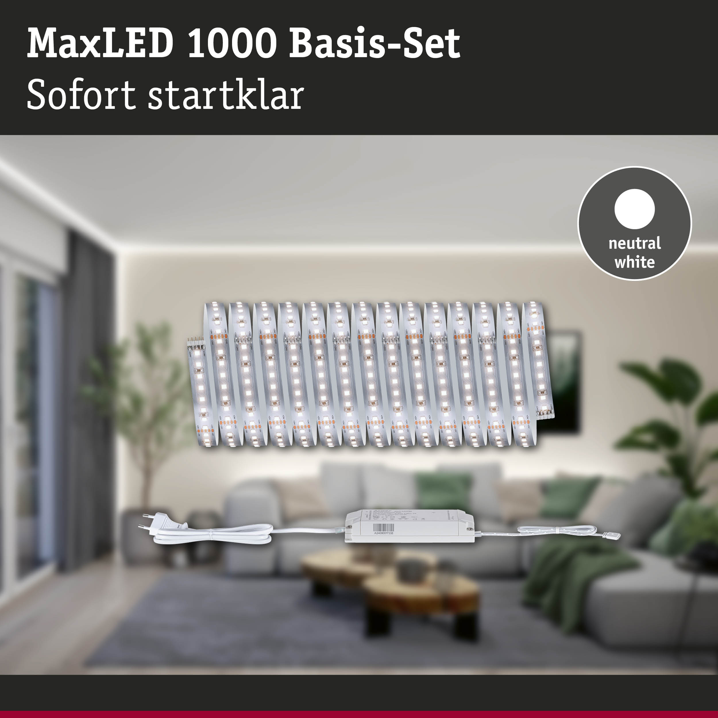 MaxLED 1000 Basis-Set mit neutralweißen LED-Streifen und Netzteil für Wohnraumbeleuchtung