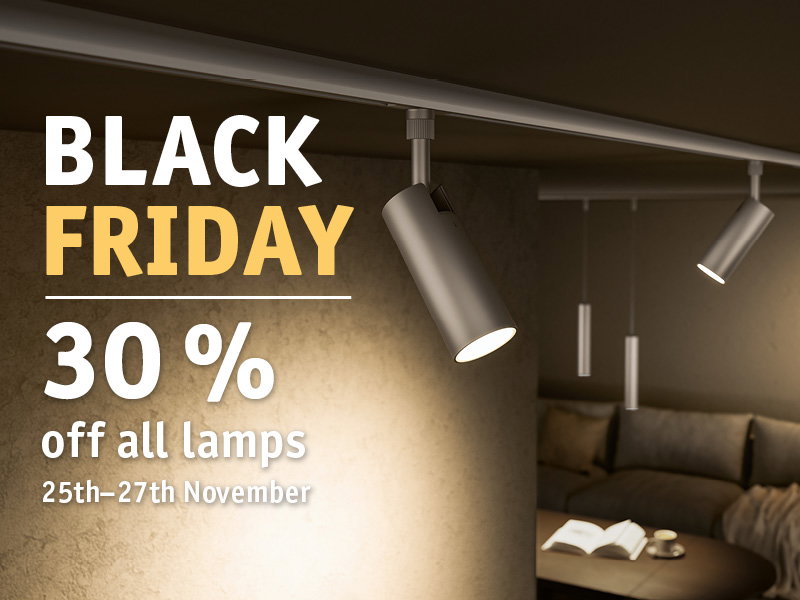 Black Friday 30% off all lamps promotion, modern ceiling spotlights in a cozy living room setting.