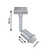 Silver metal LED spotlight with 98 mm height and 44 mm diameter for track lighting systems