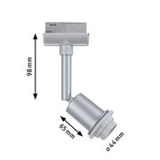 Silver metal LED spotlight measuring 98 mm height and 65 mm length for modern lighting