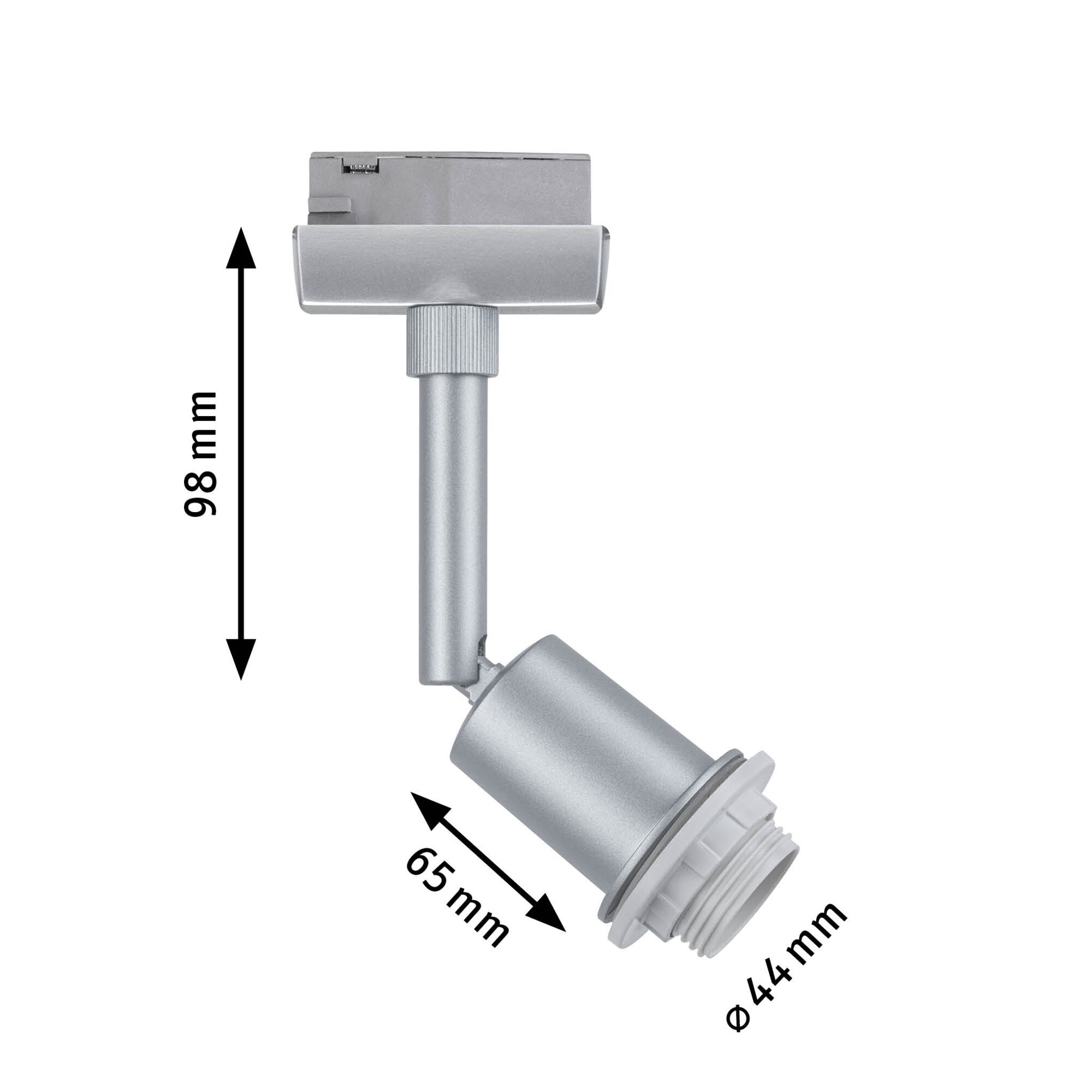 Silver metal LED spotlight measuring 98 mm height and 65 mm length for modern lighting