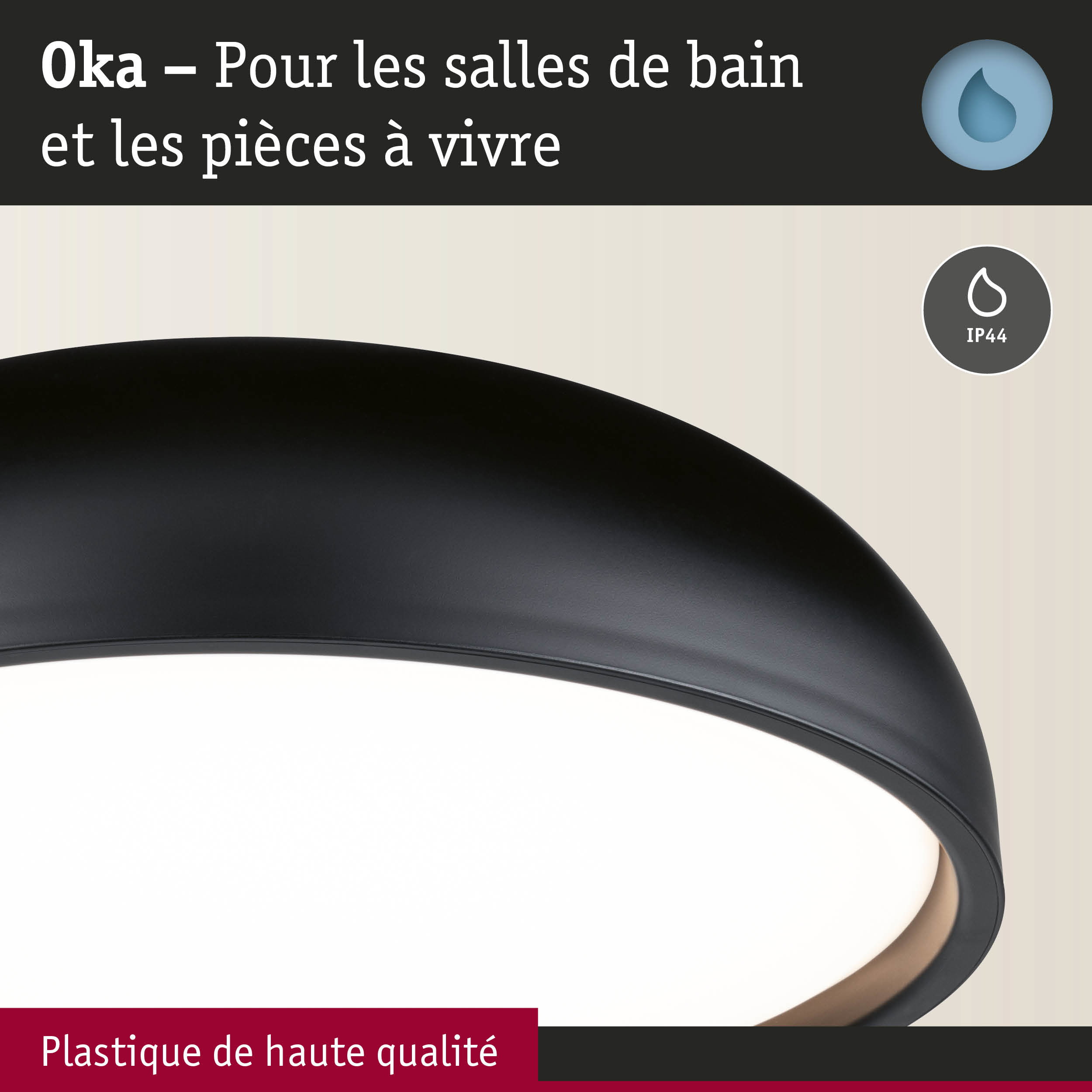 Plafonnier Oka noir en plastique de haute qualité pour salles de bain et pièces à vivre avec indice IP44